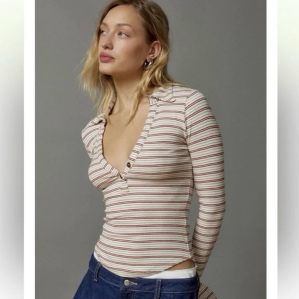 BDG Taylor Polo Top Ivory Red Gray Stripe Long Sleeve Cropped Ribbed XL - Picture 1 of 10